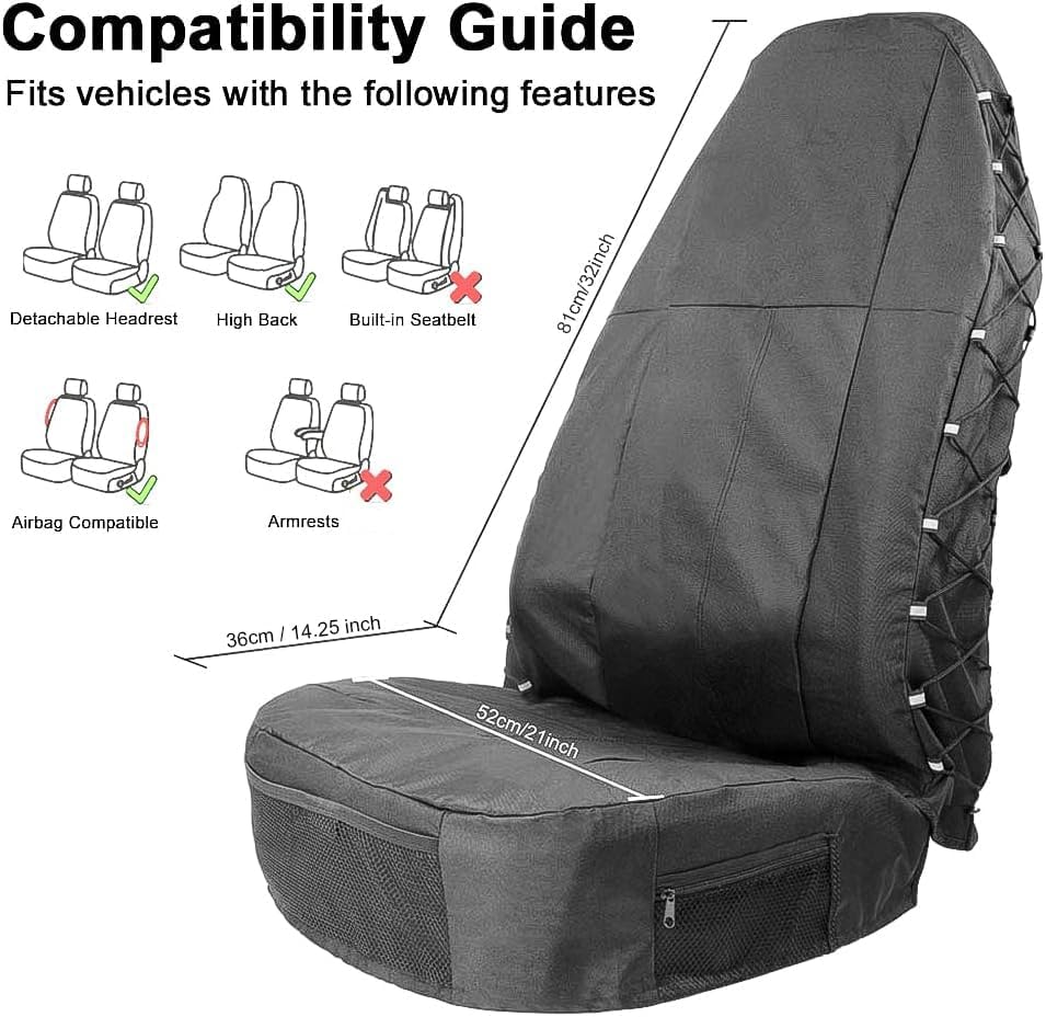 TIROL Waterproof Front Seat Covers High Back Front Seat Cover Universal Black Seat Protectors with Multi-Pockets Organizer for Storage (Pack of 2)