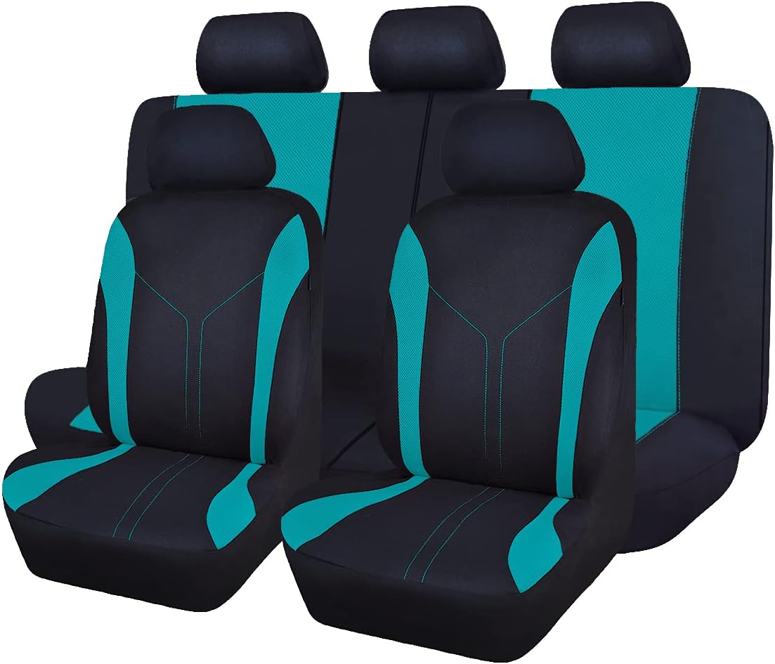 Flying Banner Car Seat Covers Front Seats and Rear Bench Air Mesh Fabric Rear Bench Split Polyester Easy Installation SUV CAR Woman Lady Femal (Black Mint Green, Full Set)