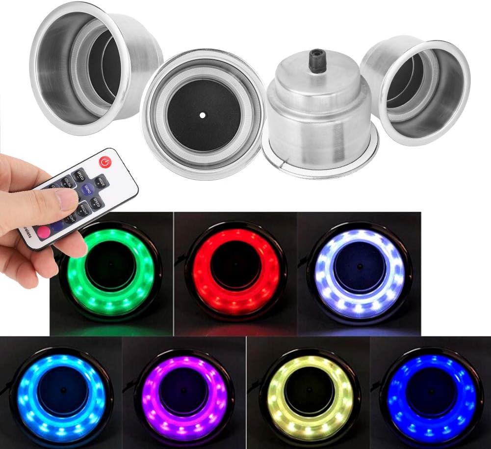 Acouto Cup Holders 4Pcs DC 12V Stainless Steel RGB LED Car Beverage Bottle Cup Drink Holders with Remote Control for Marine Boat RV Truck