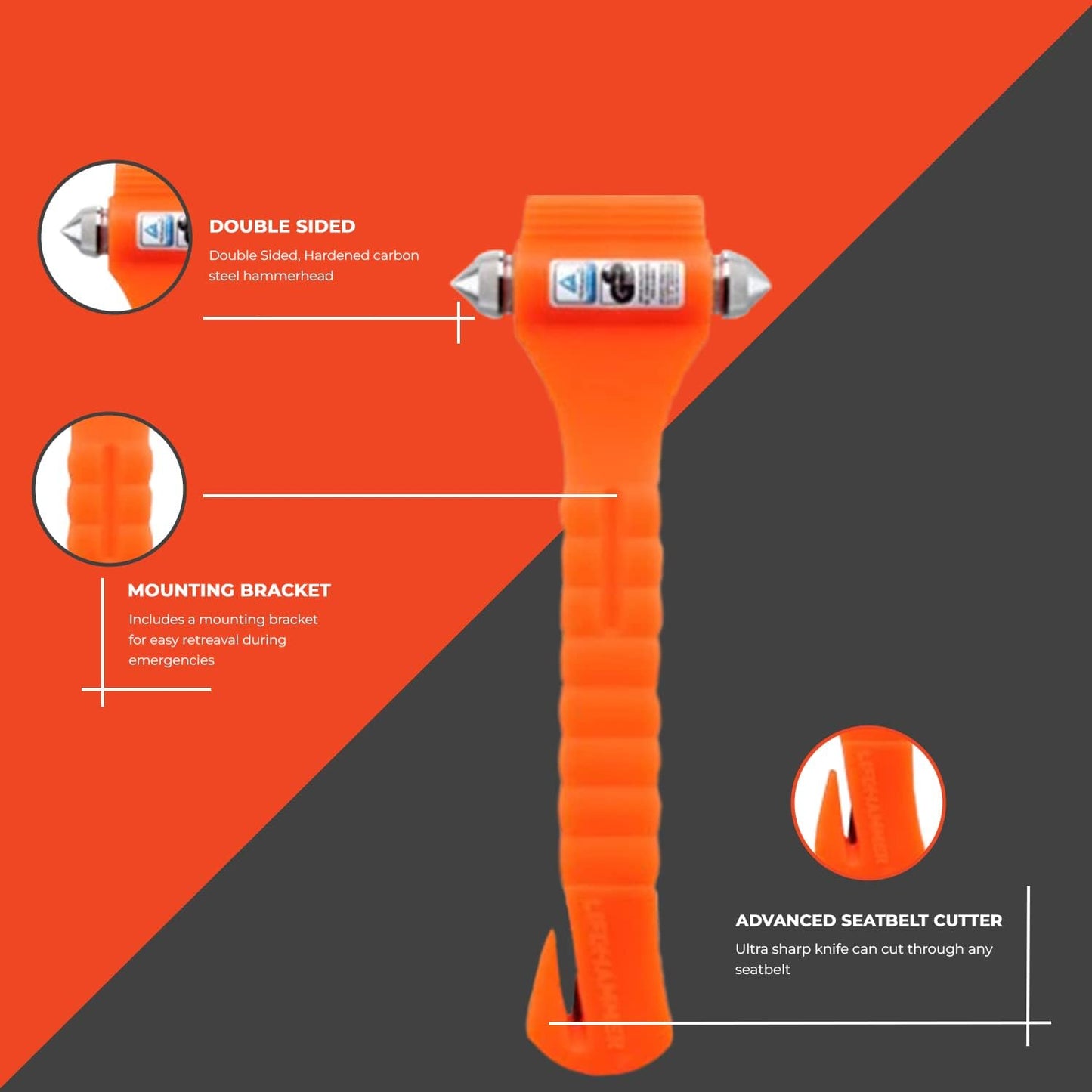 LifeHammer Glow in The Dark Safety Hammer Classic Auto Escape Tool, Orange (Pack of 2)