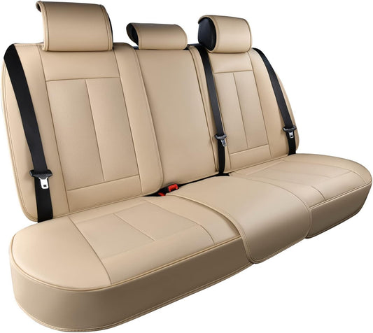 Coverado Back Seat Covers, Waterproof Nappa Leather Auto Rear Seat Cushions Protective Car Accessories, 3-Pieces -Adjusted Universal Fit for Most Sedans SUV Pick-up Truck, Beige
