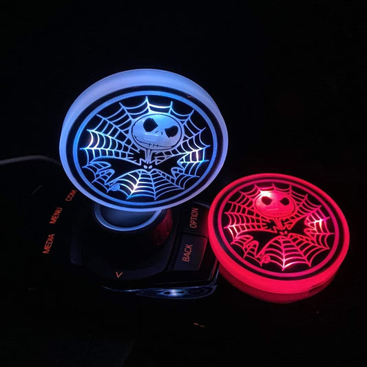 2Pcs-Nightmare Before Christmas Jack Skellington LED Car Cup Holder Lights, Luminescent Cup Pad Interior Atmosphere Lamp Interior Car Lights,with 7 Colors Changing USB Charging Mat, for Various Car