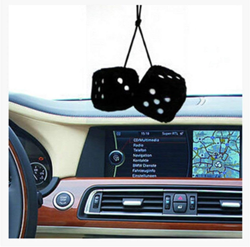 Giveme5 3 inch Pair of Retro Square Mirror Hanging Couple Fuzzy Plush Dice with Dots For Car Interior Ornament Decoration (Yellow)