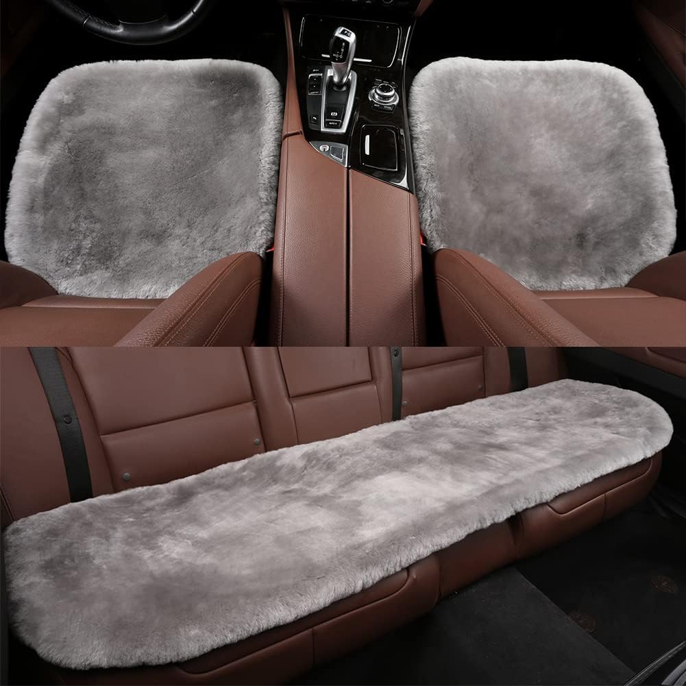 LLB Genuine Sheepskin Car Seat Cushion, Comfort Auto Seat Pad, Warm Real Wool Car Mat with Non-Slip Backing Universal Fit, 19.2 x 19.2 Inches (Pearl, 2 Front Seat Cushions & Bench Seat Cushion-3 Pcs)