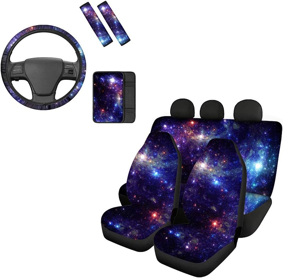 Belidome Blue Galaxy Starry Sky Pattern Car Seat Covers for Front Back Full Set Seatbelt Pads Steering Wheel Protector Armrest Cover, 8 Pieces