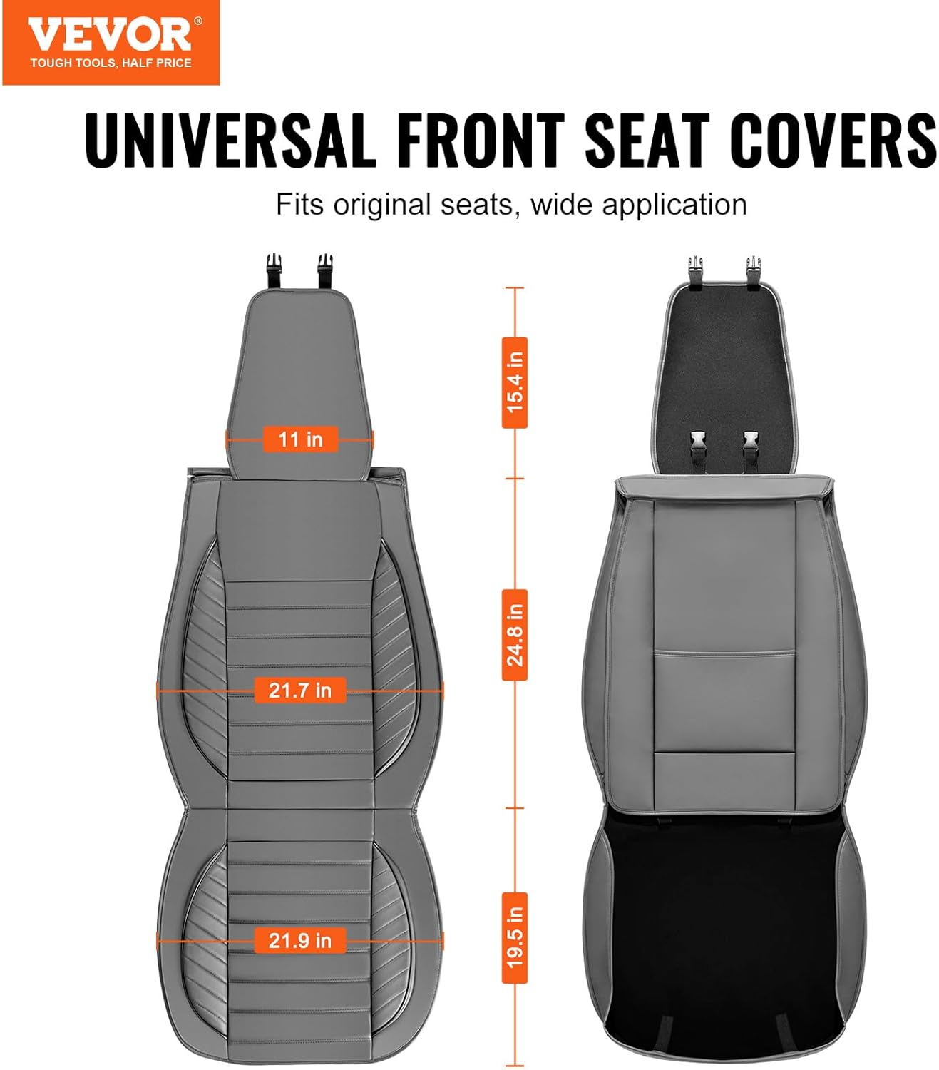 VEVOR Seat Covers, Universal Car Seat Covers Front Seats, 2pcs Faux Leather Seat Cover, Semi-Enclosed Design, Detachable Headrest and Airbag Compatible, for Most Cars SUVs and Trucks Gray