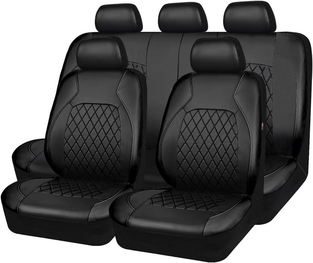 Horse Kingdom Universal Deluxe Pu Luxury Vinyl Car Seat Covers Full Set, Airbag Compatible, Breathable, Fit for Cars, Trucks, SUVs(Black with Red)