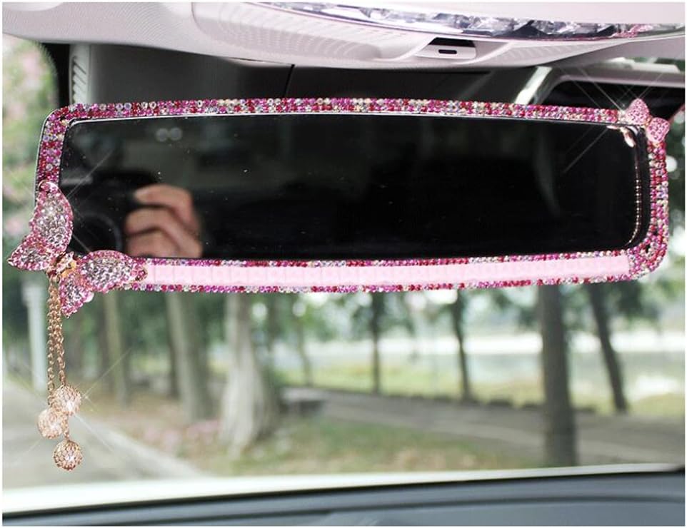 LuckySHD Car Rear View Mirror with Crystal Diamond Butterfly - Pink