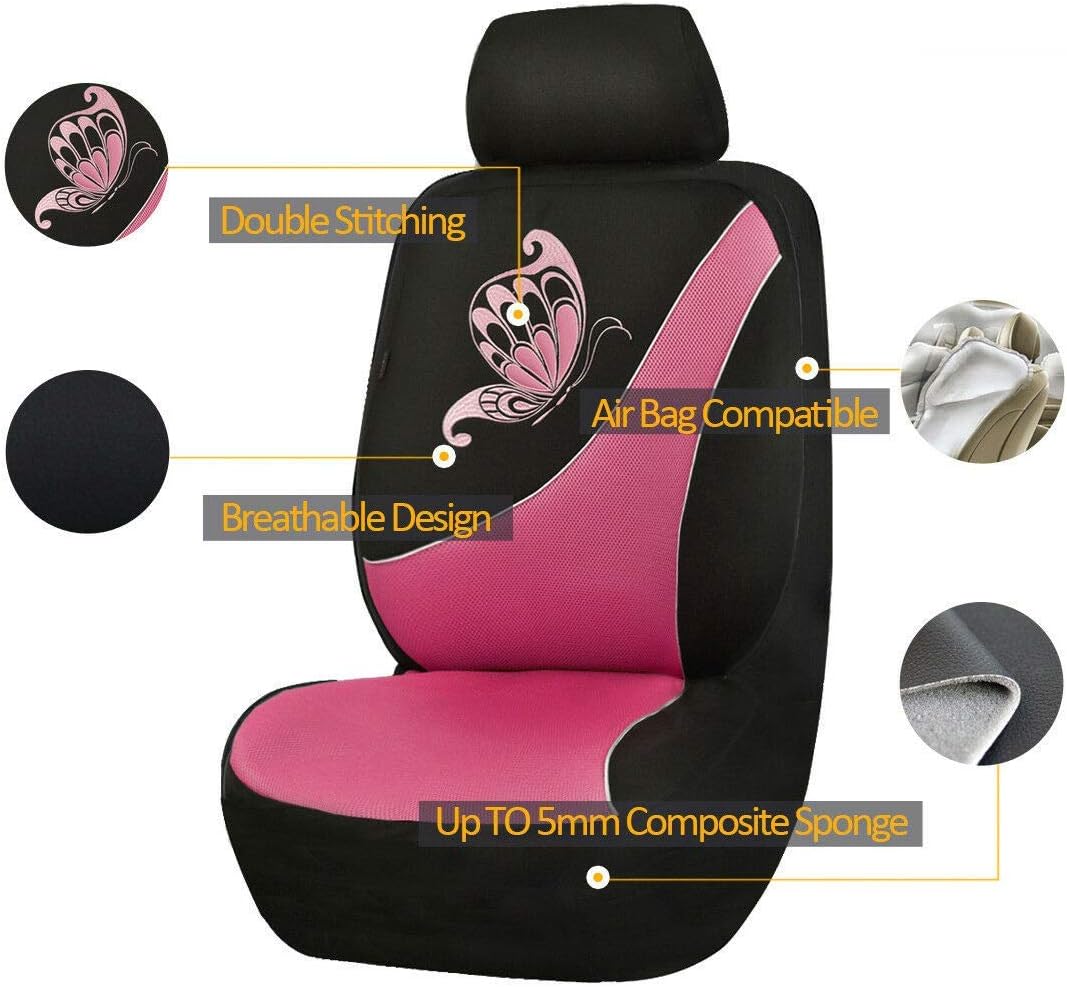 Flying Banner Car Seat Covers Full Set 11 PCS | Rear Bench with 3 Zippers | Butterfly Embroidery Stitched Mesh Black with Pink Color