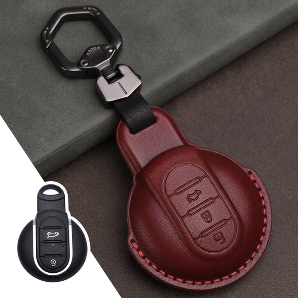 WSWJDW Leather Car Key Case Cover Keychain Ring Key Bag, Fit for Mini Cooper Clubman Hardtop Hatchback Countryman F54 F55 F56 F57 F60,Brown