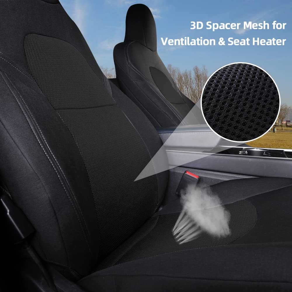 TOYOUN Car Front Seat Covers Custom Fit for Tesla Model 3/Model Y Car Seat Protector 2PCS, Fully Wrapped Farbic Mesh Seat Cover Set for Tesla Model 3/Y2017-2023, Solid Black