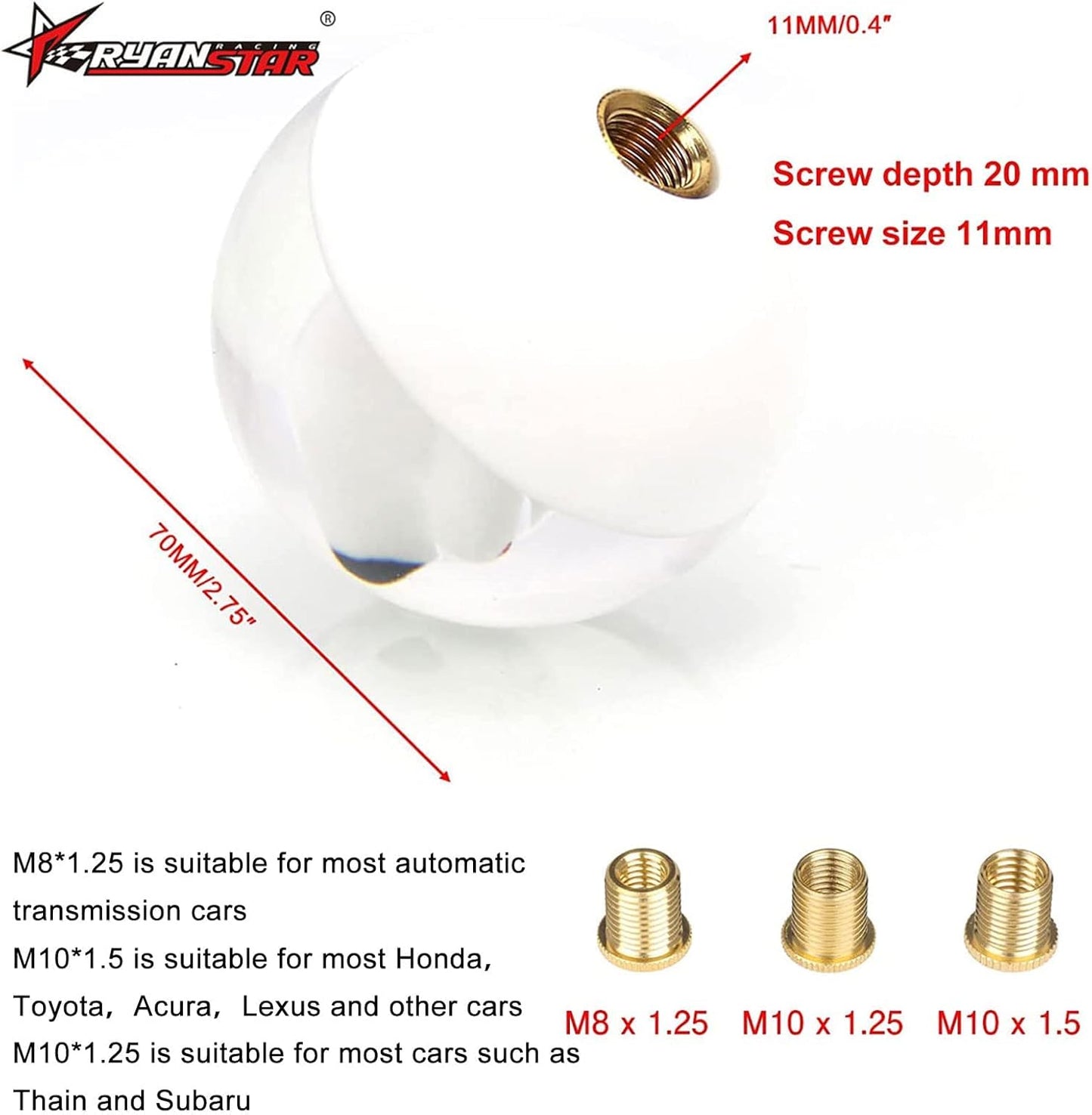 RYANSTAR Universal Acrylic Shift Head Cute Fortune Lucky Cat Round Ball Shift Knob Manual Gear with 3 Thread Adapters M12X1.25 M10X1.5 M10X1.25 M8x1.25 Adapter for Car Repair Refit