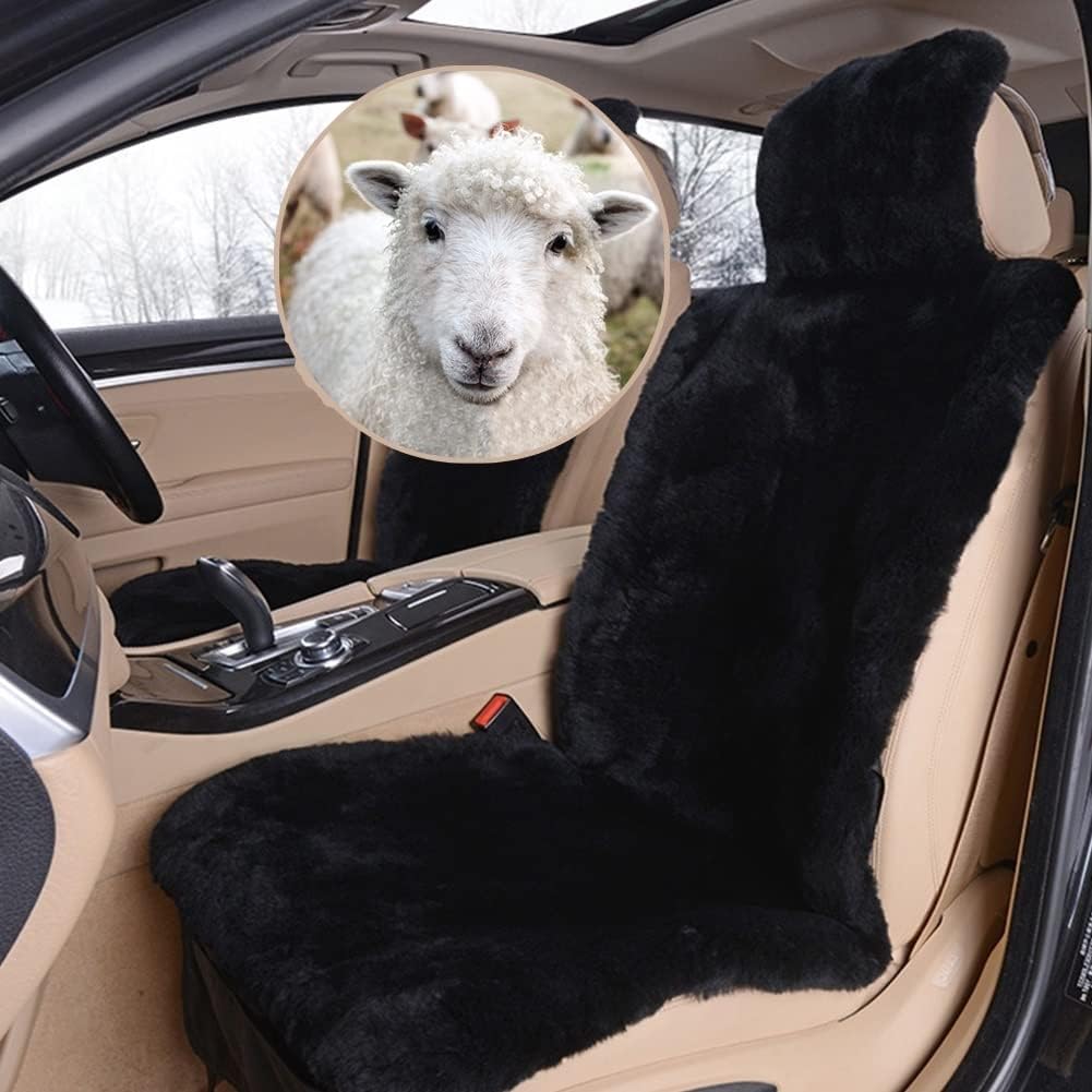Altlue Real Genuine Sheepskin Seat Covers for Cars SUV Trucks Van RV Front Seats Sheepskin Car Seat Covers Sheepskin Auto Seat Covers Fuzzy Fleece Fur Car Seat Covers Universal Black (1 Piece)
