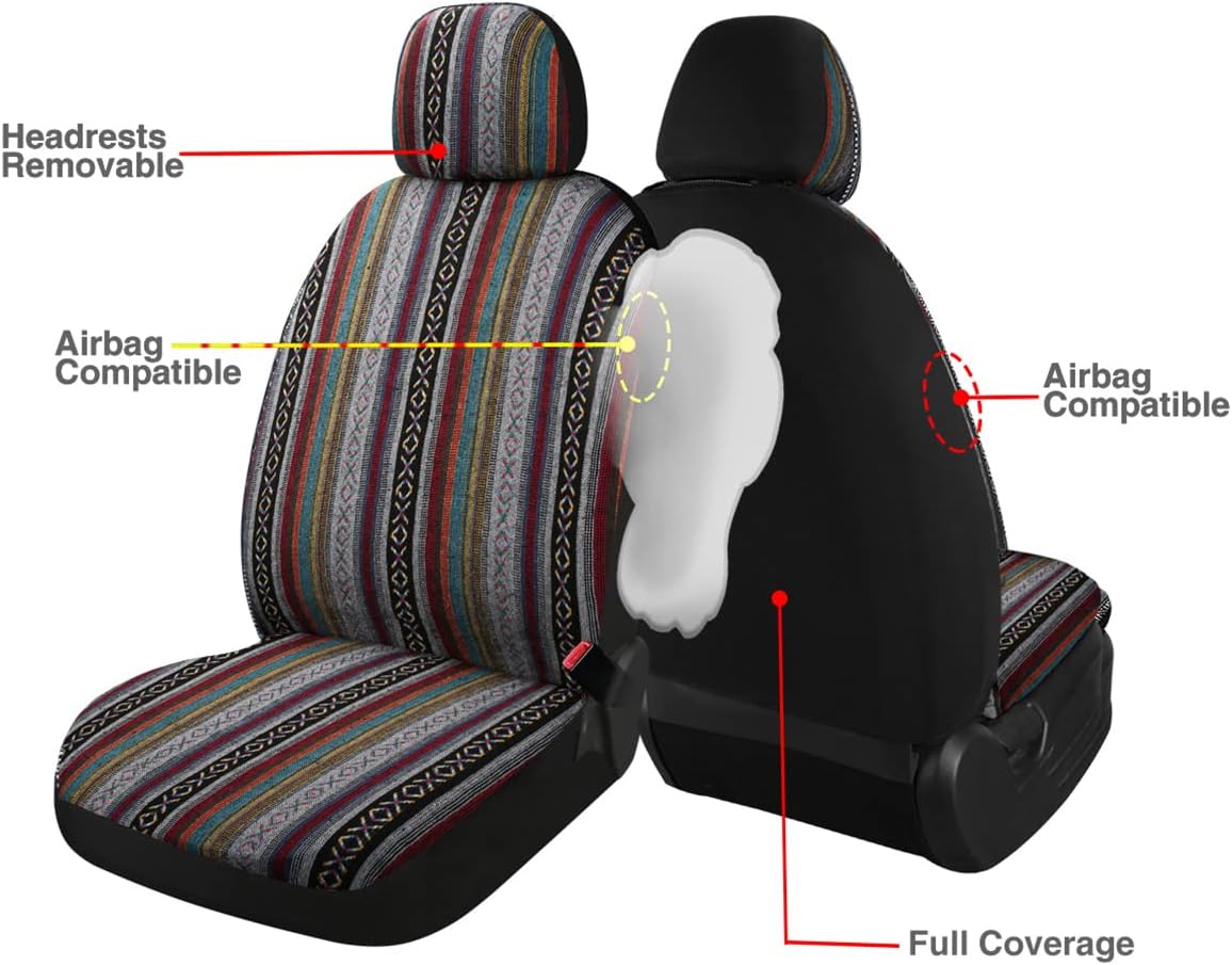 PONYJOYUP Baja Saddle Blanket Car Seat Covers 9PCS Full Set, Breathable and Washable Striped Woven Automotive Vehicle Seat Cover, Universal Seat Cover for Sedan, SUV, Truck, Airbag Compatible