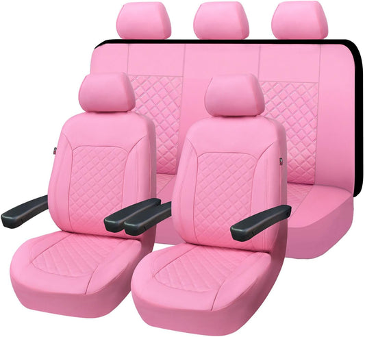 Flying Banner car seat Covers Set Faux Leather Quilted Fashion Easy Bench Split Protectors Sport Fashion (Solid Pink, Full Set - Low Back - Front Arm Rest)