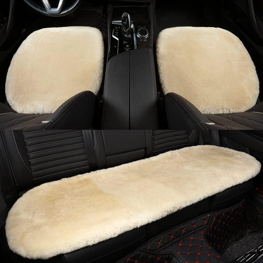 LLB Genuine Sheepskin Car Seat Cushion, Comfort Auto Seat Pad, Warm Real Wool Car Mat with Non-Slip Backing Universal Fit, 19.2 x 19.2 Inches (Pearl, 2 Front Seat Cushions & Bench Seat Cushion-3 Pcs)