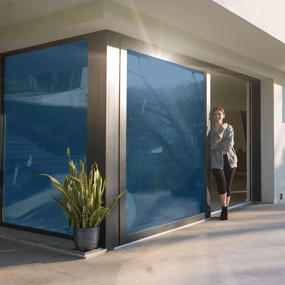 WQGXZF Window Film One-Way Mirror Film Daytime Privacy Heat Insulation Anti-UV Window Coloring Office Home Mirror Glass Film (Blue, 23.6 in X 157.4 in)