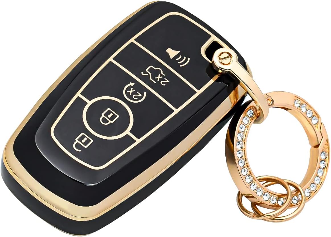 OFFCURVE Key Fob Cover with Keychain for Ford Fusion Explorer Escape F150 F250 F350 F450 F550 Edge Maverick Expedition Lincoln Aviator 5 Buttons Smart Key Holder, Black