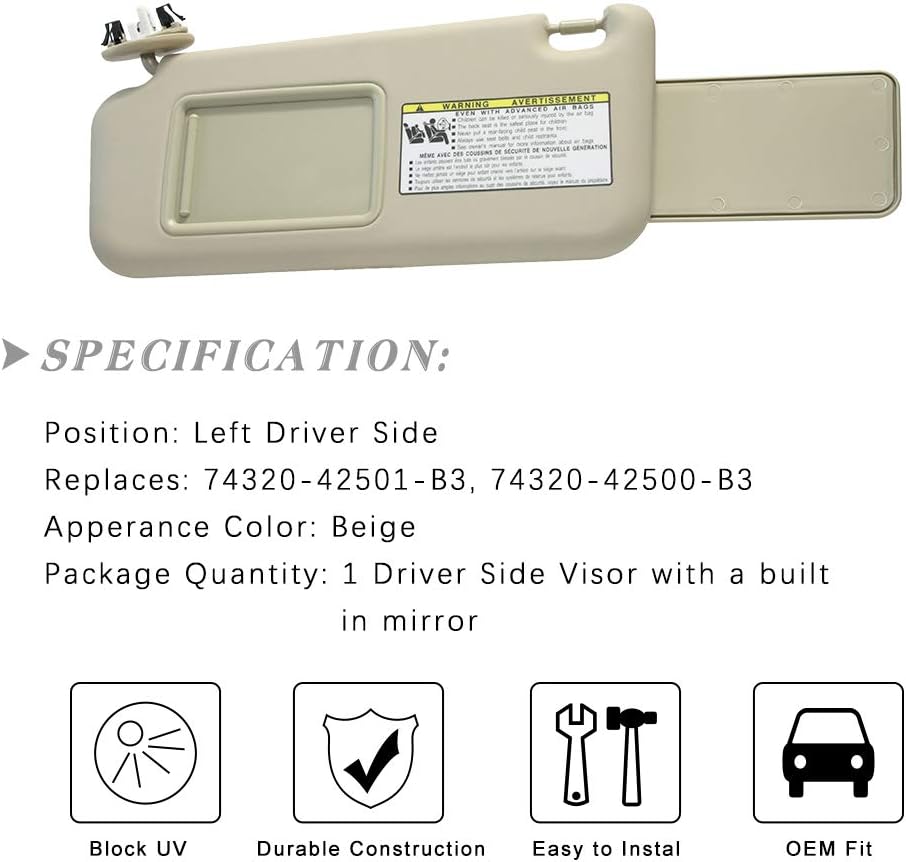 Left Driver Side Sun Visor Replacement for 06-13 Toyota RAV4 with Sunroof 2006 2007 2008 2009 2010 2011 2012 2013 (Beige)