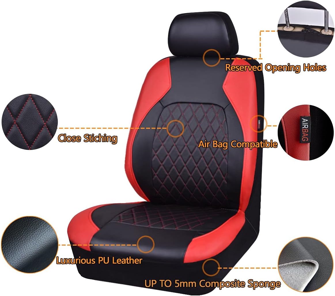 Horse Kingdom Universal Deluxe Pu Luxury Vinyl Car Seat Covers Full Set, Airbag Compatible, Breathable, Fit for Cars, Trucks, SUVs(Black with Red)