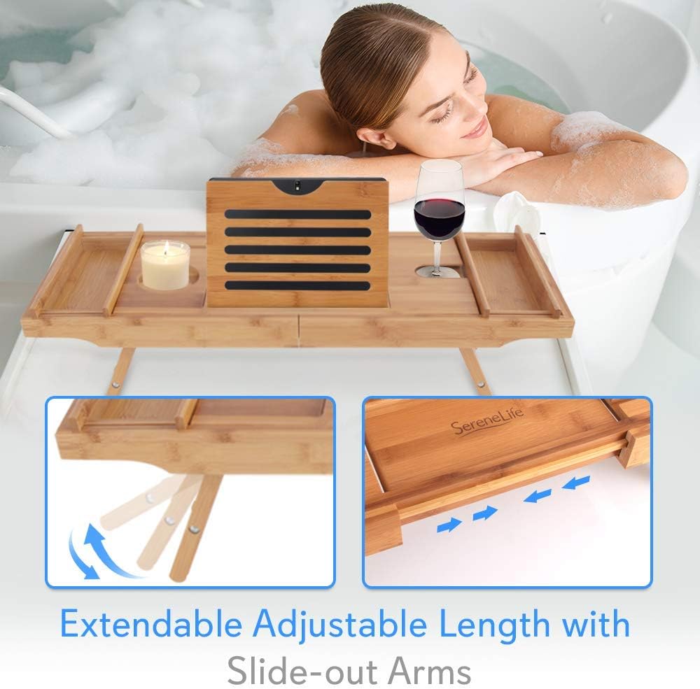 SereneLife Bath Caddy Breakfast Tray Combo - Natural Bamboo Wood Bathtub Caddy and Bed Tray with Folding Slide-Out Arms, Device Grooves, Wine Glass and Soap Holder