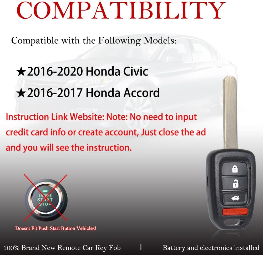 MechanMagic Key Fob Remote Replacement Fits for Honda Civic 2016 2017 2018 2019 2020/Accord 2016 2017 MLBHLIK6-1TA Keyless Entry Remote Control Uncut 4 Buttons 433Mhz (35118-T2A-A60)