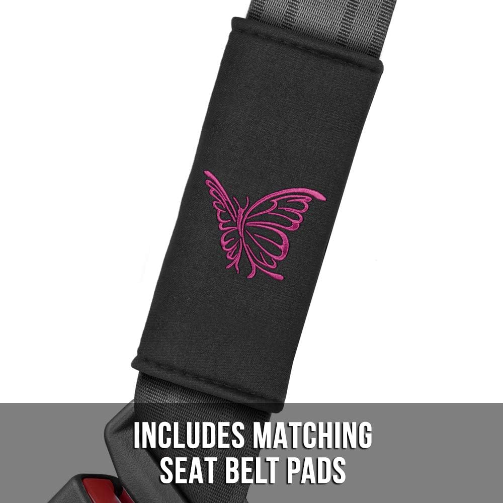 BDK Pink Butterflies Car Seat Covers Full Set with Steering Wheel Cover and Seat Belt Pads – Front and Rear Covers with Matching Embroidered Accessories, Universal Fit for Cars Trucks Vans SUVs