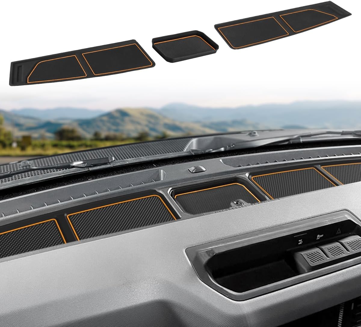 Auovo Dash Cover Tray Compatible with Ford Bronco Accessories 2021 2022 2023 2024 2025 Anti-Slip Silicone Dashboard Compartments Mat fit Bronco 2/4-Door Interior Dash Pad Liners 3-pc Set (Black Trim)