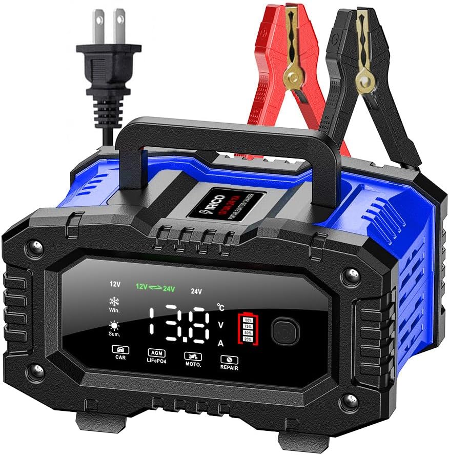 IRICO Multi-Stage Smart Battery Charger for Lithium-ion, LifePo4, AGM, Gel, SLA, Wet, EFB, Deep Cycle Batteries, with Repair Feature. Charge at 12V, 20A or 24V 10A