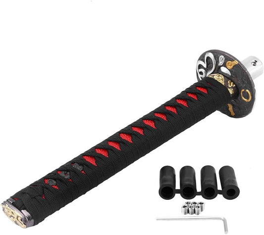 Gear Shift Lever Knob Universal Retro Japanese Sword Car Gear Shift Knob Manual Shifter Lever Knob with 4 Adapters (Black + Red)