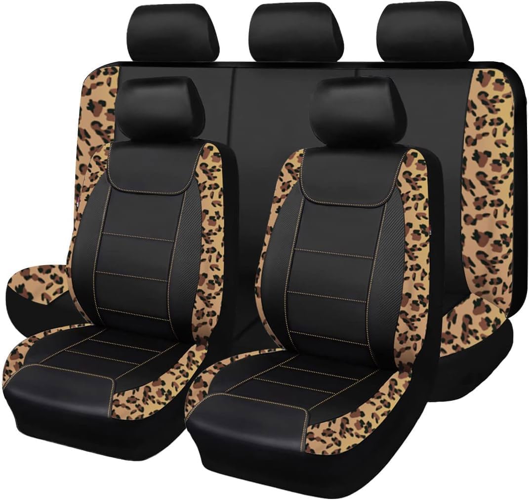 Flying Banner car seat Covers Protects Water Proof Faux Leather Carbon Fiber Front and Rear Bench (Black Black, Full Set - 9PCS)