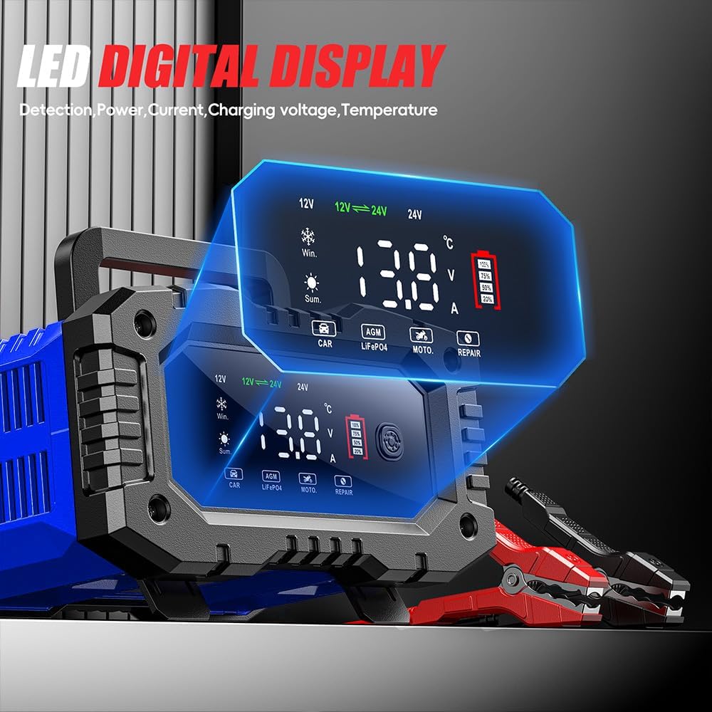 IRICO Multi-Stage Smart Battery Charger for Lithium-ion, LifePo4, AGM, Gel, SLA, Wet, EFB, Deep Cycle Batteries, with Repair Feature. Charge at 12V, 20A or 24V 10A