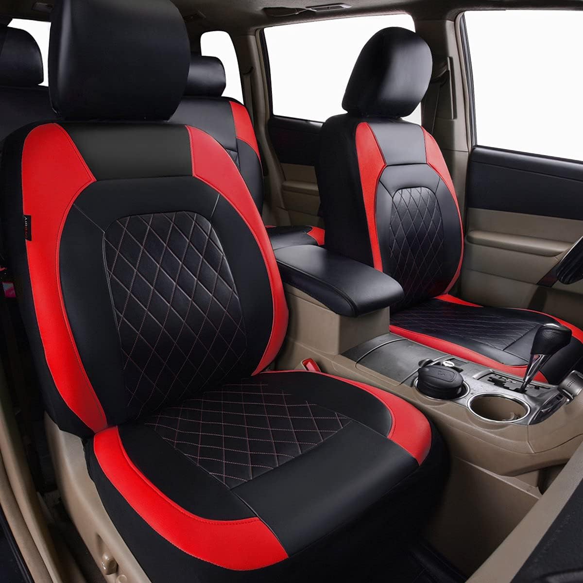 Horse Kingdom Universal Deluxe Pu Luxury Vinyl Car Seat Covers Full Set, Airbag Compatible, Breathable, Fit for Cars, Trucks, SUVs(Black with Red)
