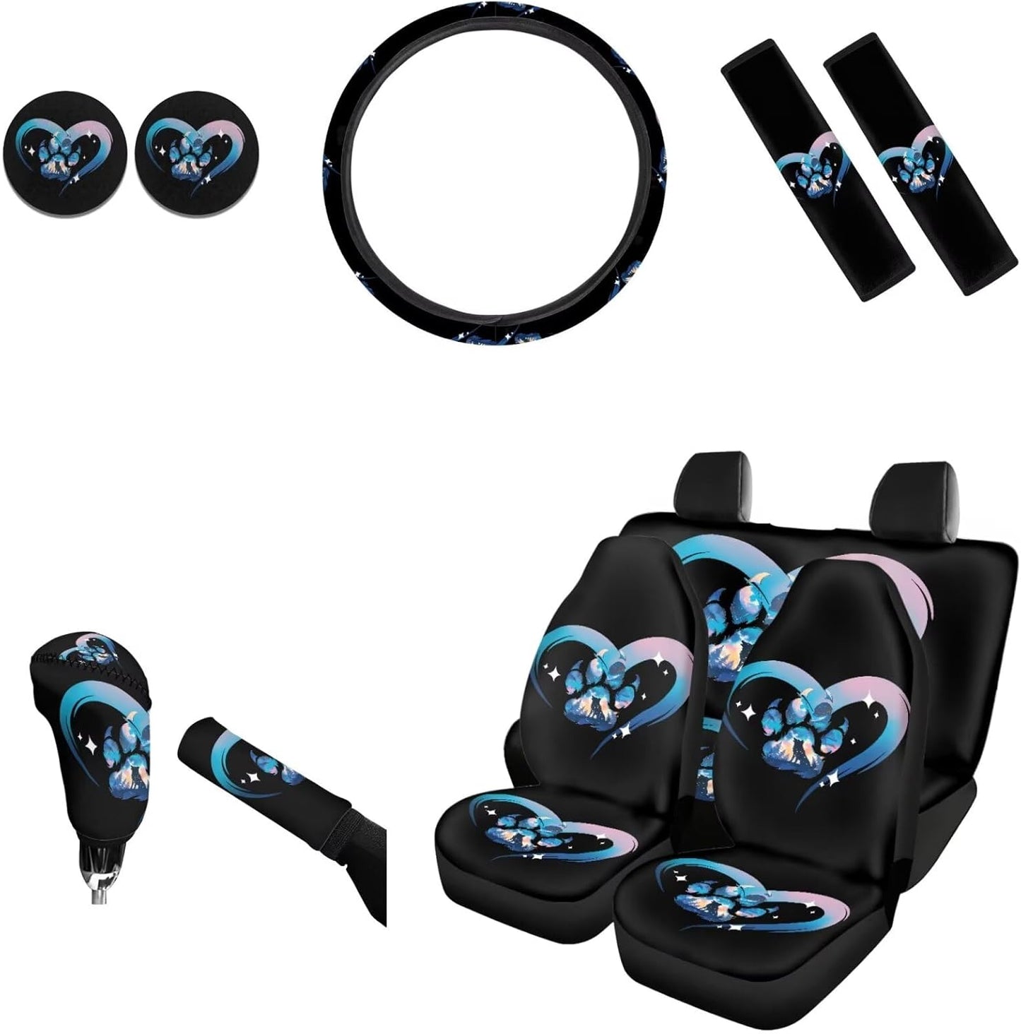 AFPANQZ Nebula Galaxy Car Seat Covers with Steering Wheel Cover, Seat Belt Shoulder Pads, Cup Holder Coasters, Gear Shift Knob and Handbrake Protector Cushion Full Set of 11 for Men Women Gift Navy