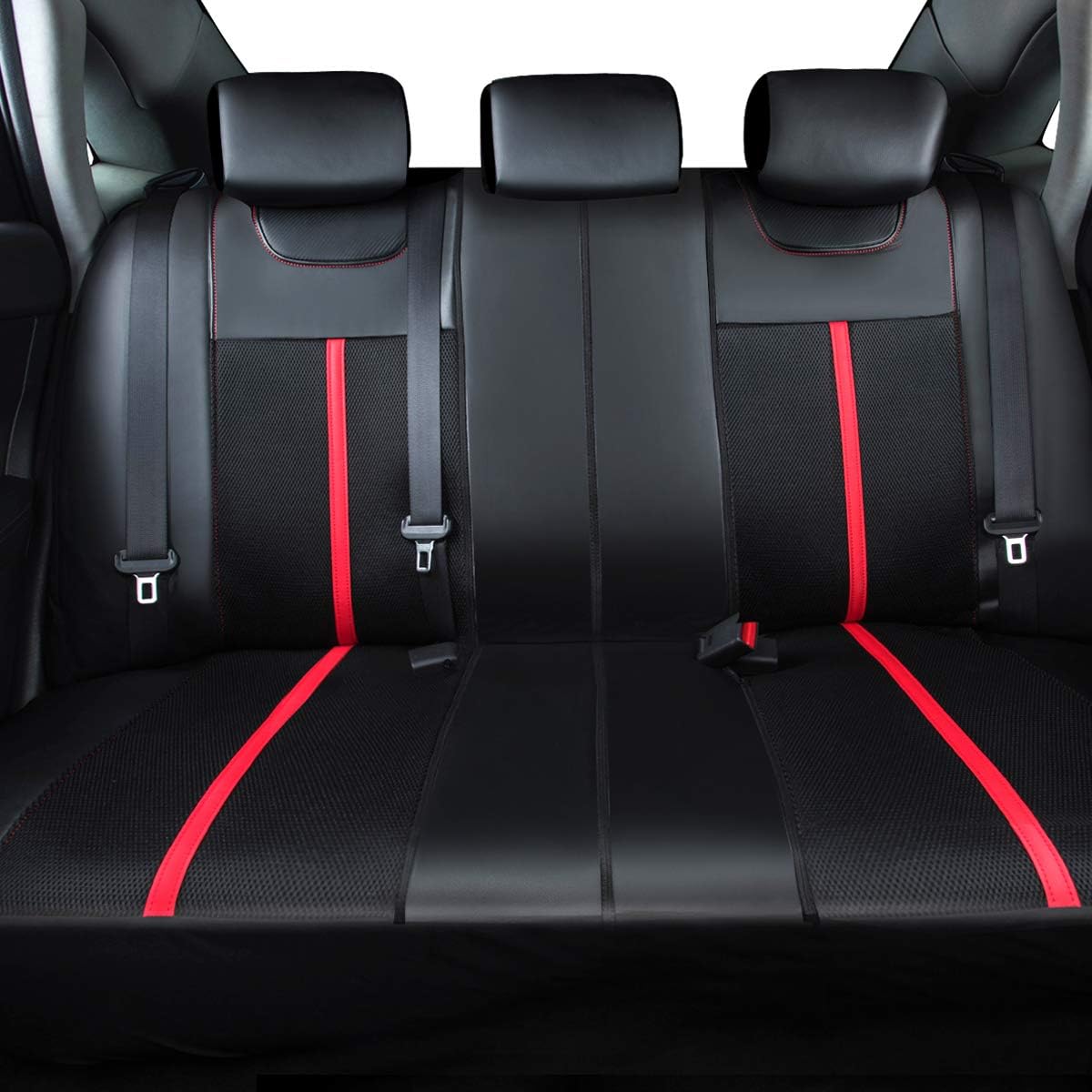 CAR PASS Sporty Carbon Leather Universal Car Seat Cover with Zipper Design, Fit for Suvs, Vans, Sedans, Trucks, Airbag Compatible (Carbon Leather Full Set, Black-Red)