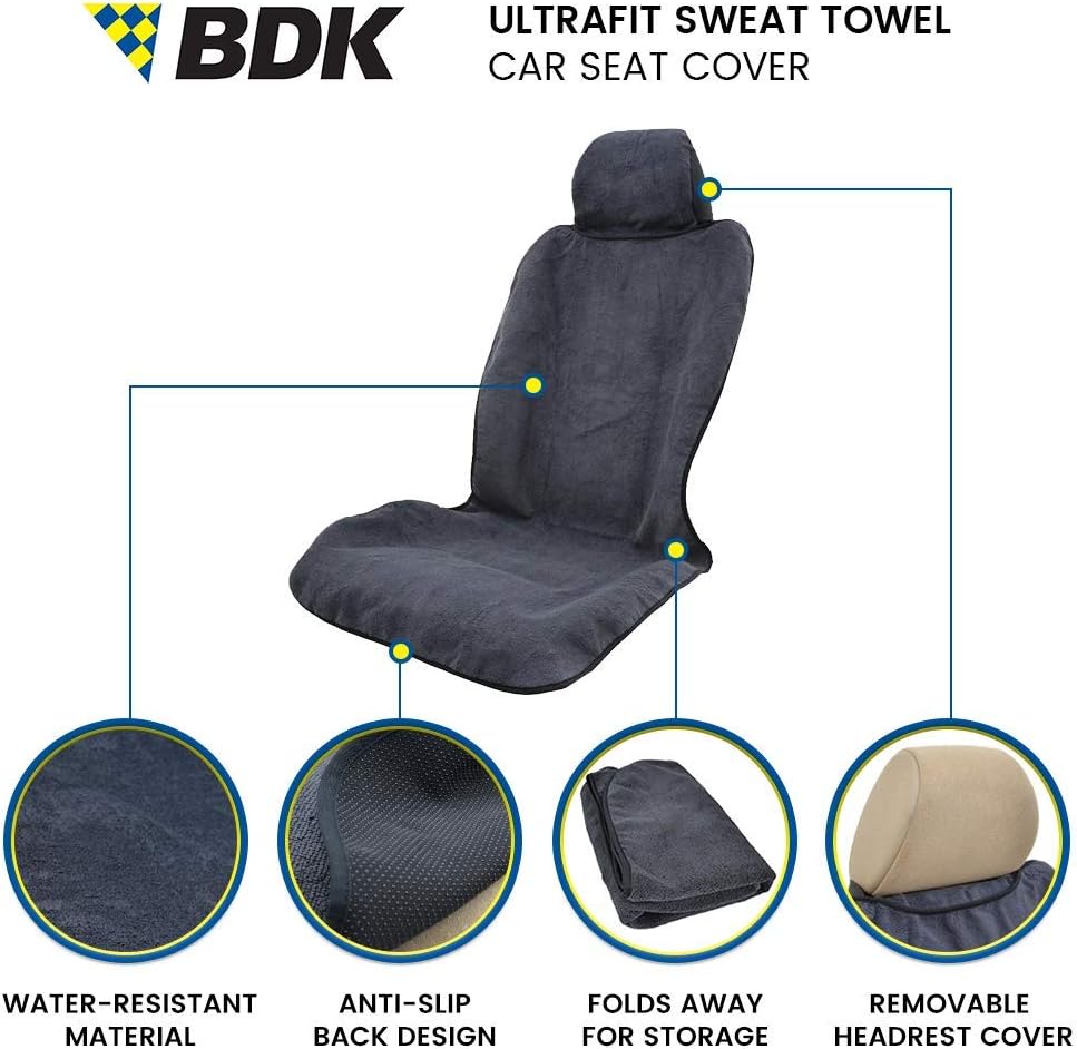 BDK UltraFit Waterpoof Car Seat Towel Cover, 2 Pack with Gray Trim – Washable Sweat Seat Protector, Ideal for Gym Swimming Surfing Running Crossfit, Fits Most Auto Truck Van SUV