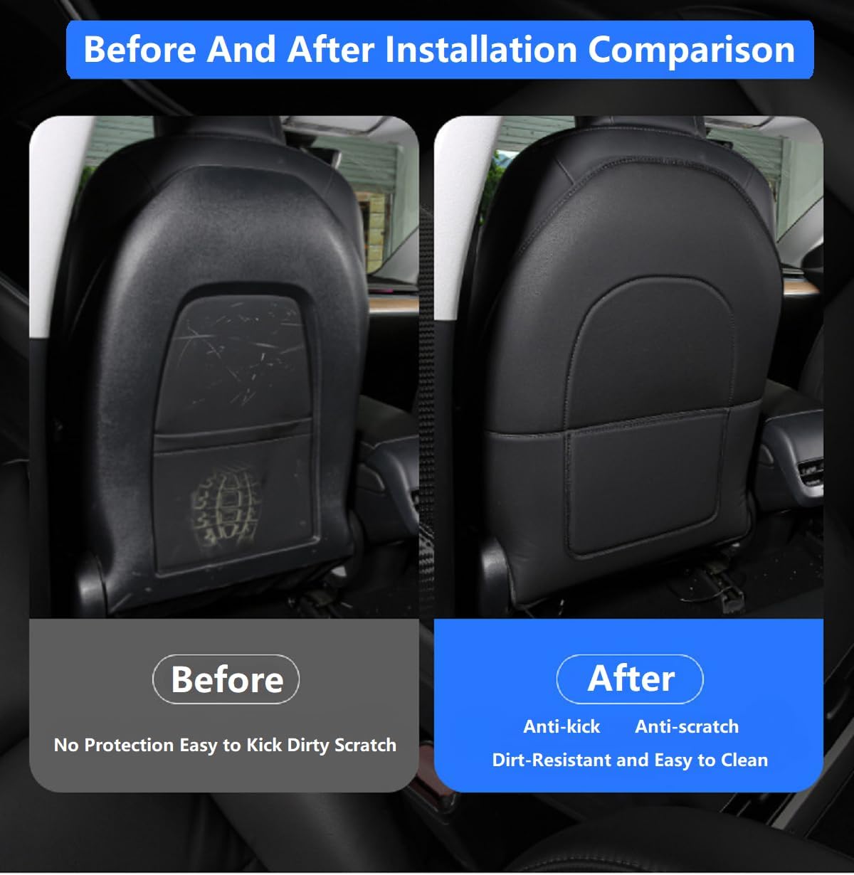ANTETOKO Tesla Model 3/Y/S/X Leather Seat Back Protector,Wear-Resistant Backseat Kick Mats with Organizer Pocket,Waterproof Scratchproof Dirt-Resistant Protection - 2 PCS (Black)