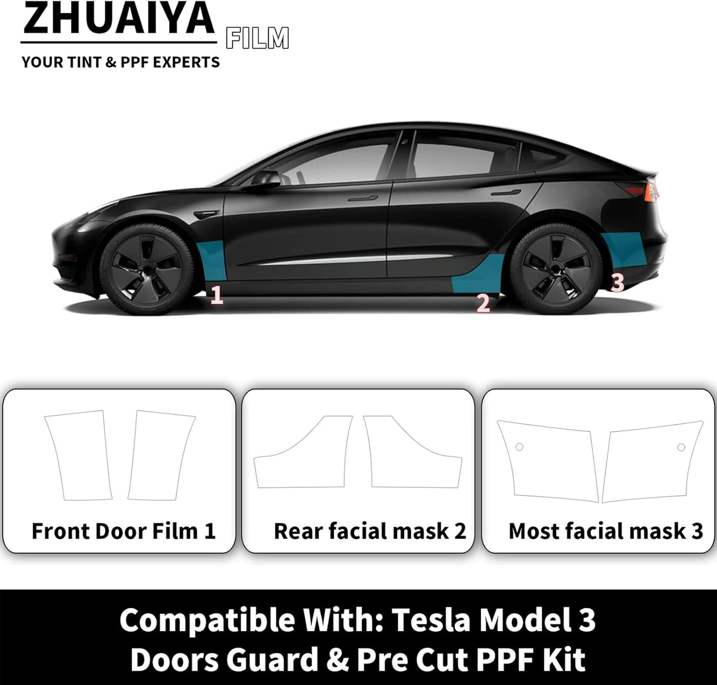 ZHUAIYA Pre-Cut Paint Protection Film Bra, Clear Protective Film (PPF) Compatible with Tesla Model 3 (2017-2023) Front Door, Rear and Most Facial PPF Film Kit Tools, 7.5 Mil Thick