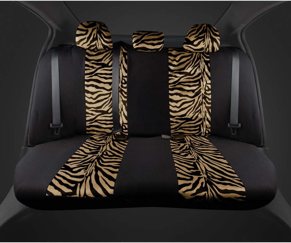 BDK carXS Zebra Print Car Seat Covers Full Set Includes Matching Seat Belt Pads and Steering Wheel Cover Two-Tone Animal Print Beige Seat Covers for Cars for Women, Car Seat Protector Interior Covers