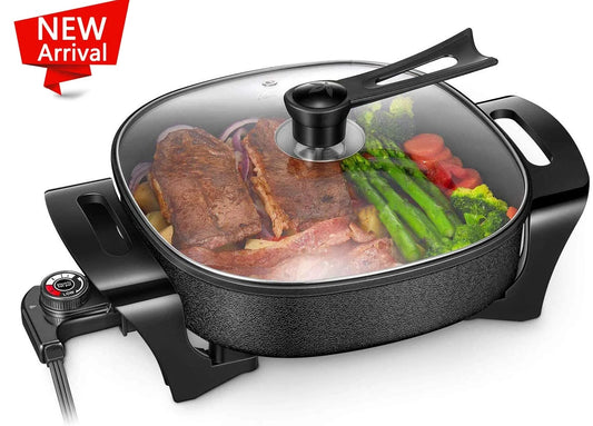 Electric Skillet, 12 Inch Deep Non Stick Electric Frying Pan with Standable Glass Lid, 3 Marked Heating Levels, Heat Resistant Handles and Dishwasher Safe, 1360W, Black, 6x12x2.8 inch