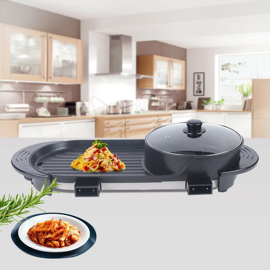 Fichiouy 2 in 1 Electric Hot Pot BBQ Grill Portable Smokeless Barbecue Pan Grill Nonstick 1100W