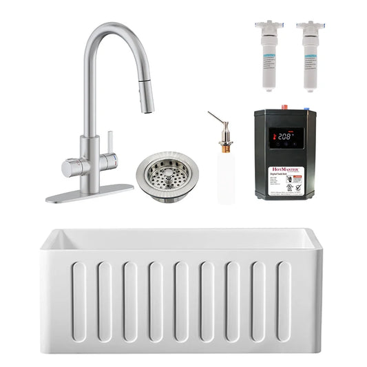 Westbrass BK124WH-20 24 Single Bowl Reversible Apron Front Solid Surface Kitchen Sink with 4 in 1 Faucet, Dual Water Filters, Soap Dispenser and Drain Trim, Stainless Steel