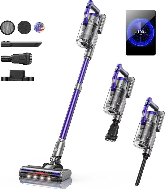 FJU Cordless Vacuum Cleaner, 450W Stick Vacuum Cleaner, OLED Color Screen Display, Up to 55mins, 8 Animation Modes, Multi-Cone Filtration, Handheld Vacuum for Hardwood, Carpet, Pet Hair