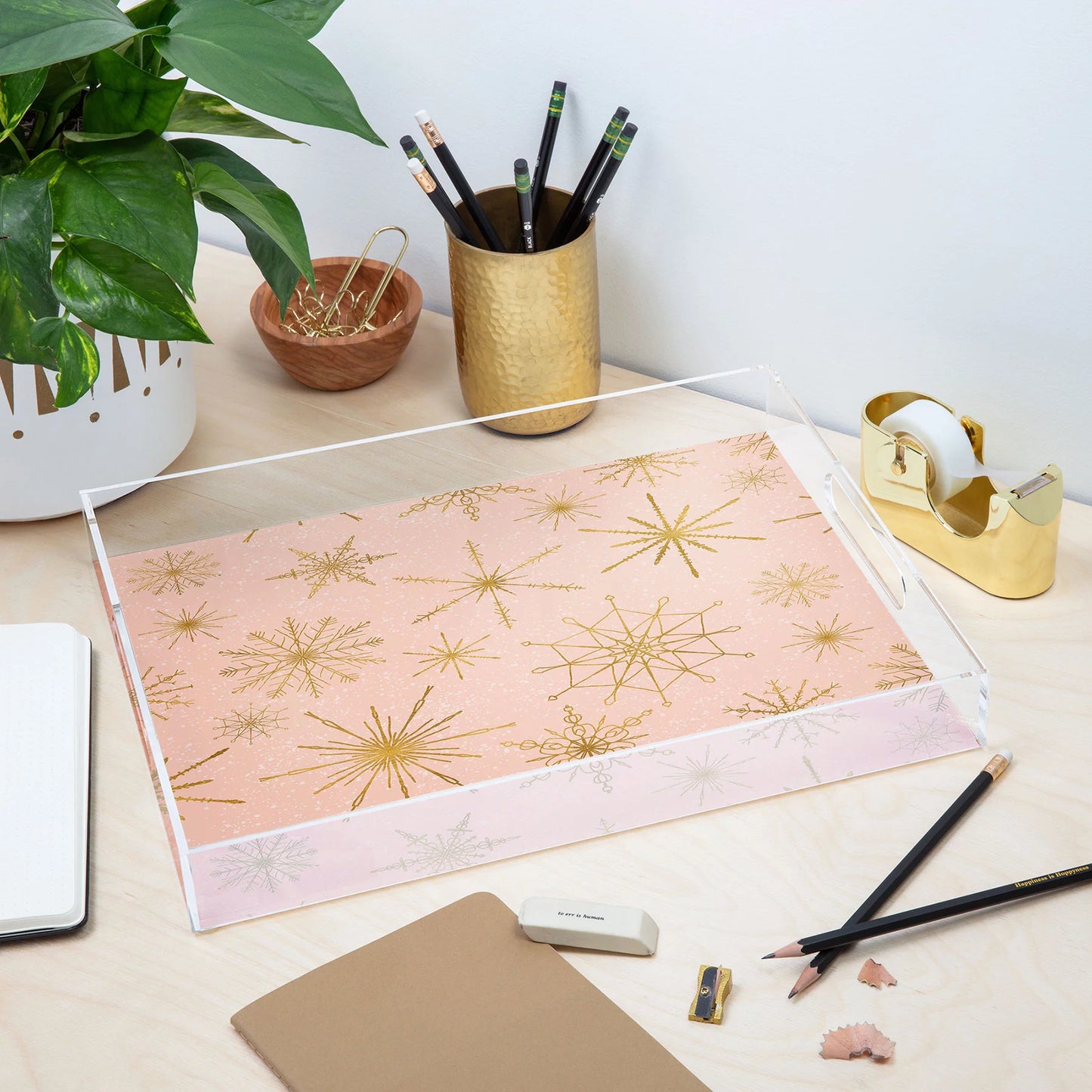 Society6 Jacqueline Maldonado Snowflakes Gold Peach Acrylic Tray