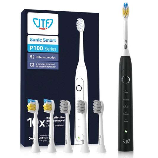 JTF Sonic Electric Toothbrush for Adults, Power Toothbrushes with 6 Brush Heads, Electronic Tooth Brush 2.5 Hours Charge for 60 Days, 5 Modes Smart Timer, Black