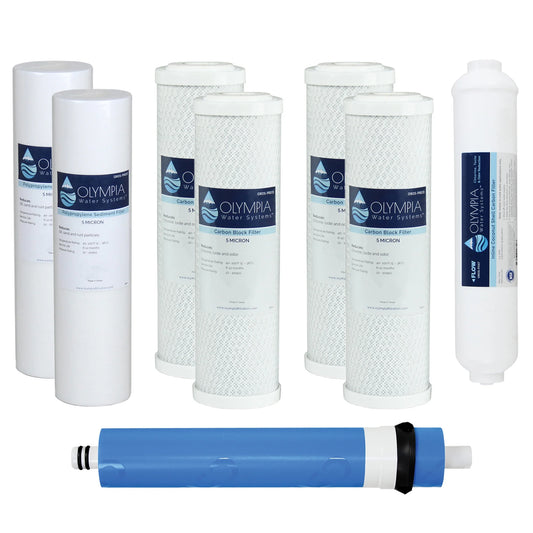 Olympia Water Systems Complete 50GPD 5-Stage Replacement Filter Set for Standard Size Reverse Osmosis System (With Extra Pre-Filter Set)