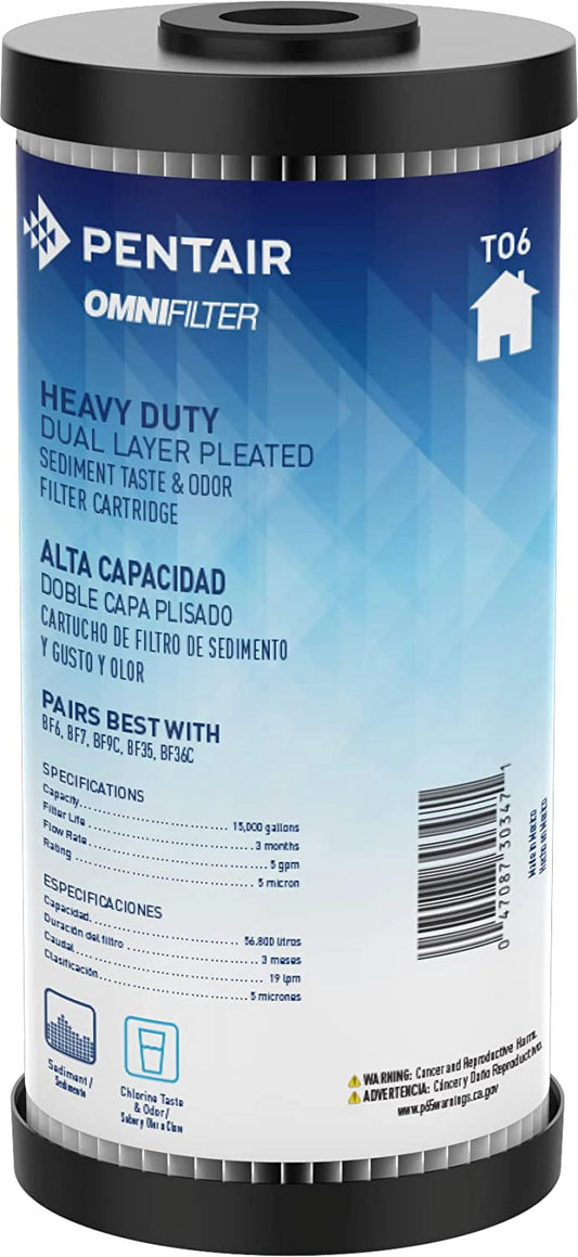 Pentair OMNIFilter TO6 Carbon Water Filter, 10-Inch, Whole House Heavy Duty Dual Layered Pleated Sediment and Carbon Wrap Taste & Odor Replacement Cartridge, 10 x 4.5, 5 Micron