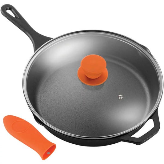 NutriChef 12 Pre Seasoned Nonstick Cast Iron Frying Pan with Lid & Handle Cover