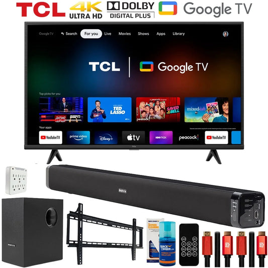 TCL 55S446 55 Class 4-Series 4K UHD HDR Smart Google TV Bundle with Deco Gear Home Theater Soundbar with Subwoofer, Wall Mount Accessory Kit, 6FT 4K HDMI 2.0 Cables and More