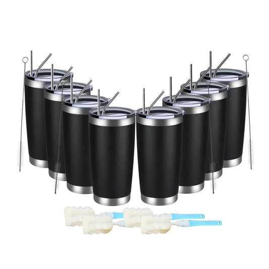 MEWAY 20oz Tumbler 8 Pack Double Wall Vacuum Insulated Travel Mug Bulk, Stainless Steel Tumblers with Lid and Straw, Durable Powder Coated Coffee Cups for Cold & Hot Drinks (Black, 8)